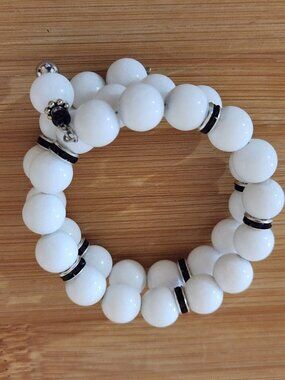 Hand Crafted White Jade Beaded Wrap Bracelet with Beaded Dangle Black Accents